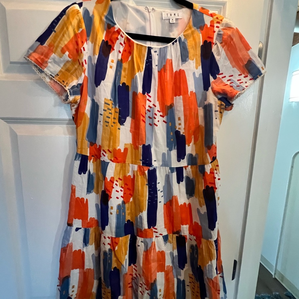 THML M Dress with Orange, Blue, and White Abstract Design